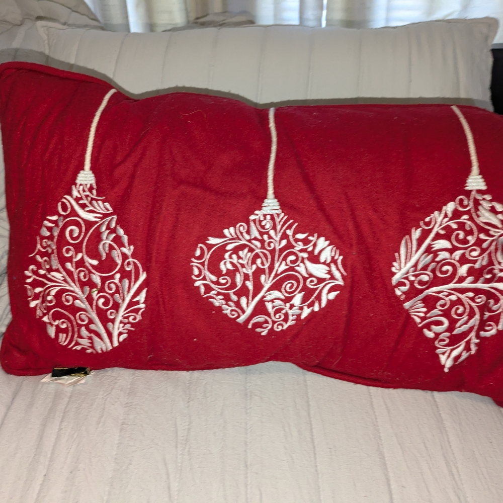 Nanette Lepore Red Pillow with White Embroidery And Beaded Ornament Design